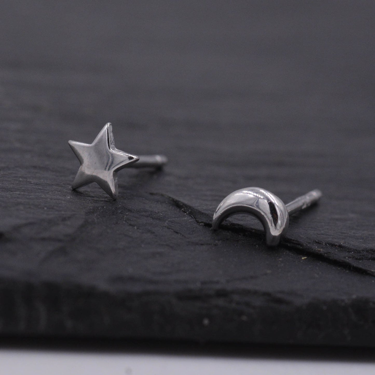 Tiny Crescent Moon and Star Mismatched Asymmetric Stud Earrings in Sterling Silver, Cute Fun and Quirky