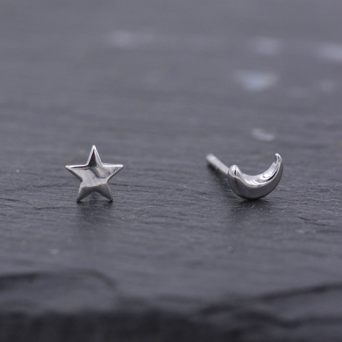 Tiny Crescent Moon and Star Mismatched Asymmetric Stud Earrings in Sterling Silver, Cute Fun and Quirky