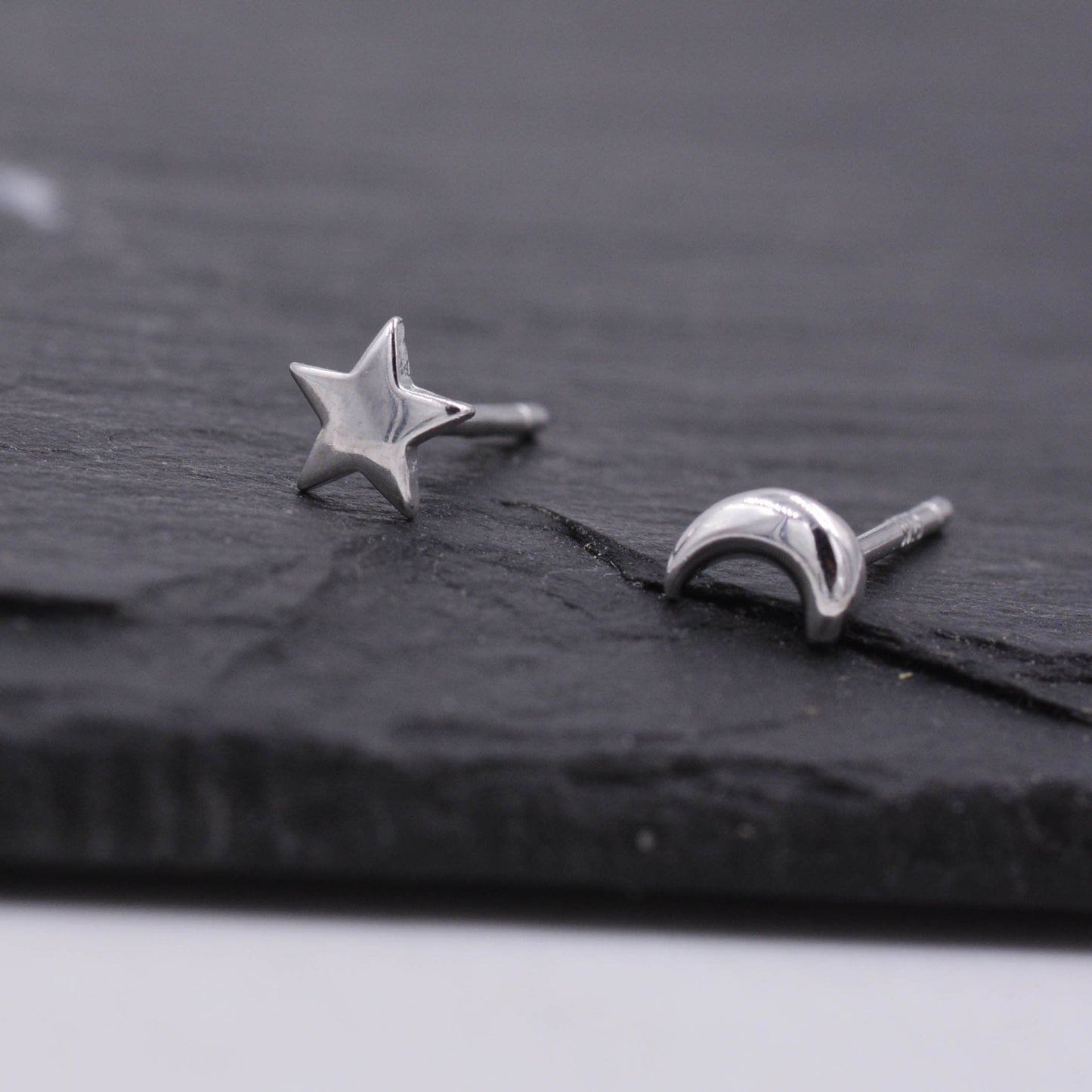 Tiny Crescent Moon and Star Mismatched Asymmetric Stud Earrings in Sterling Silver, Cute Fun and Quirky