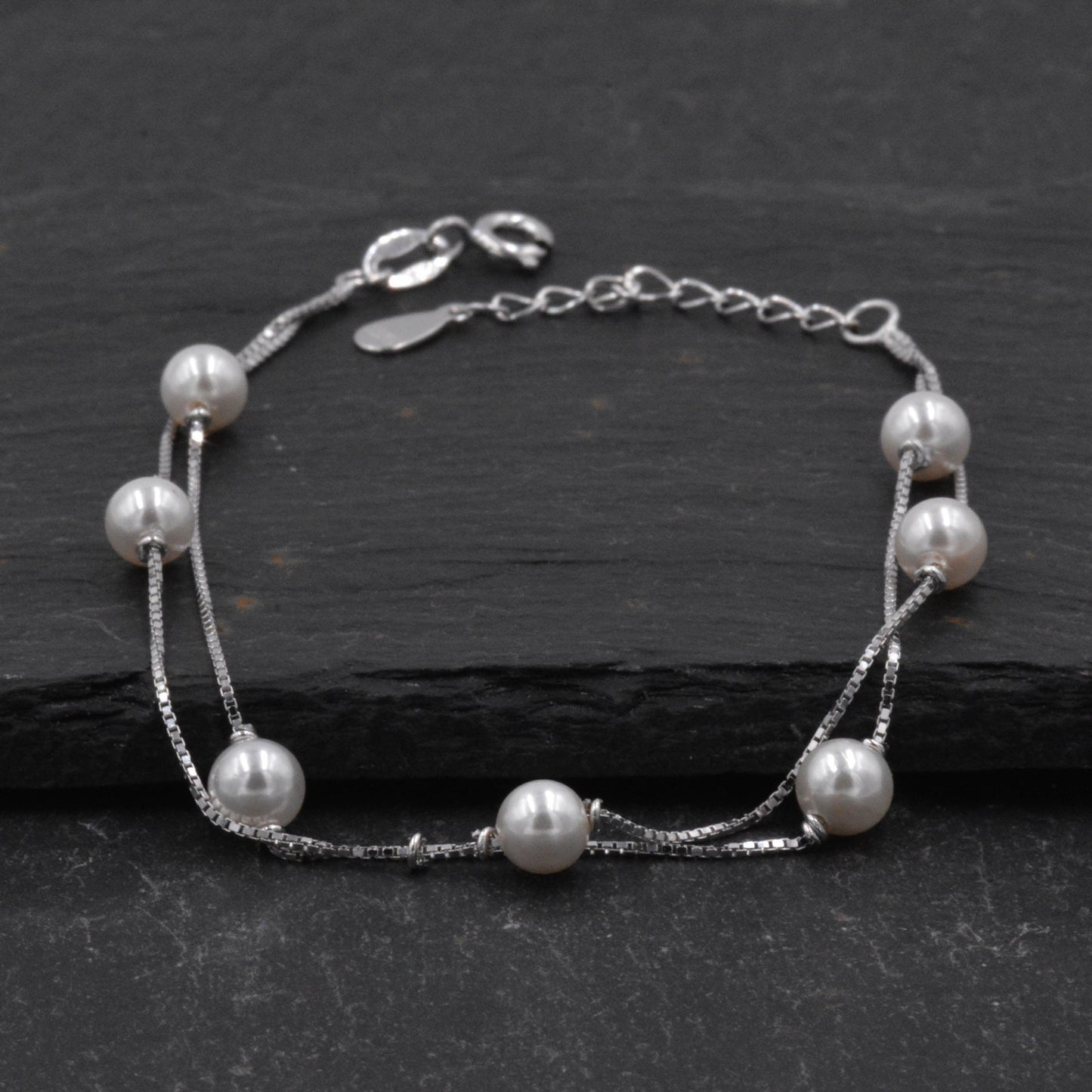 Sterling Silver Beautiful Pearl Minimalist Charm Layer Bracelet - Adjustable Length - Simple and Elegant Jewellery B58