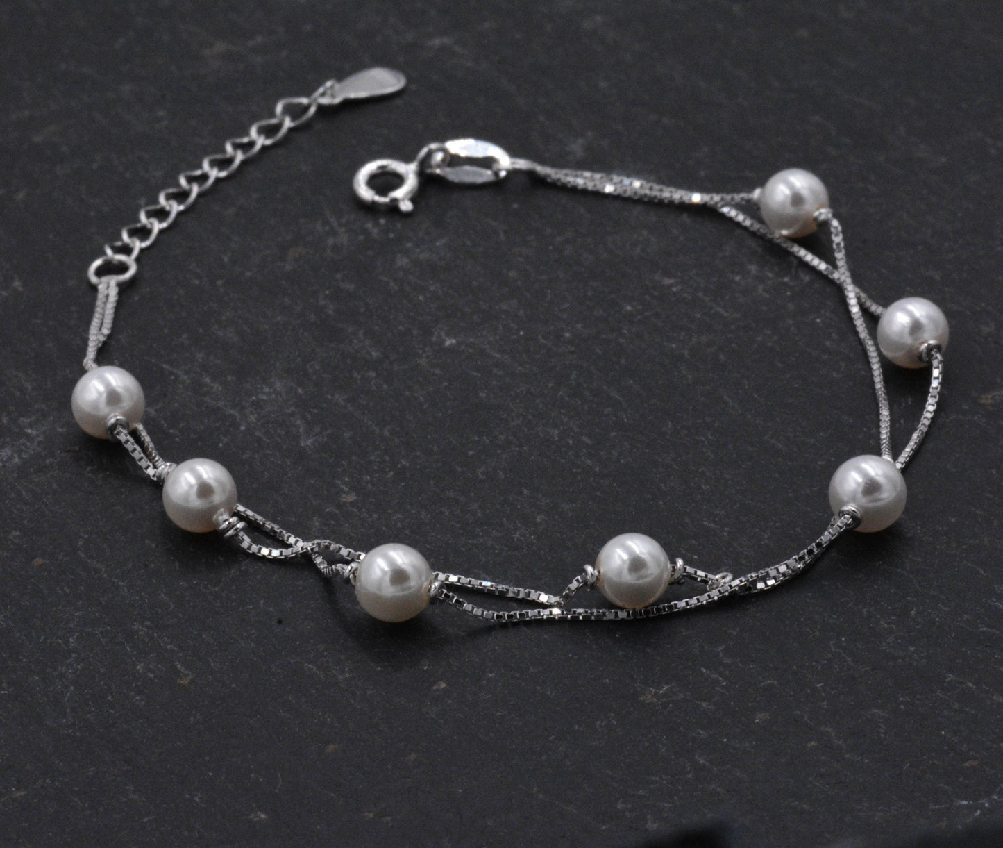 Sterling Silver Beautiful Pearl Minimalist Charm Layer Bracelet - Adjustable Length - Simple and Elegant Jewellery B58