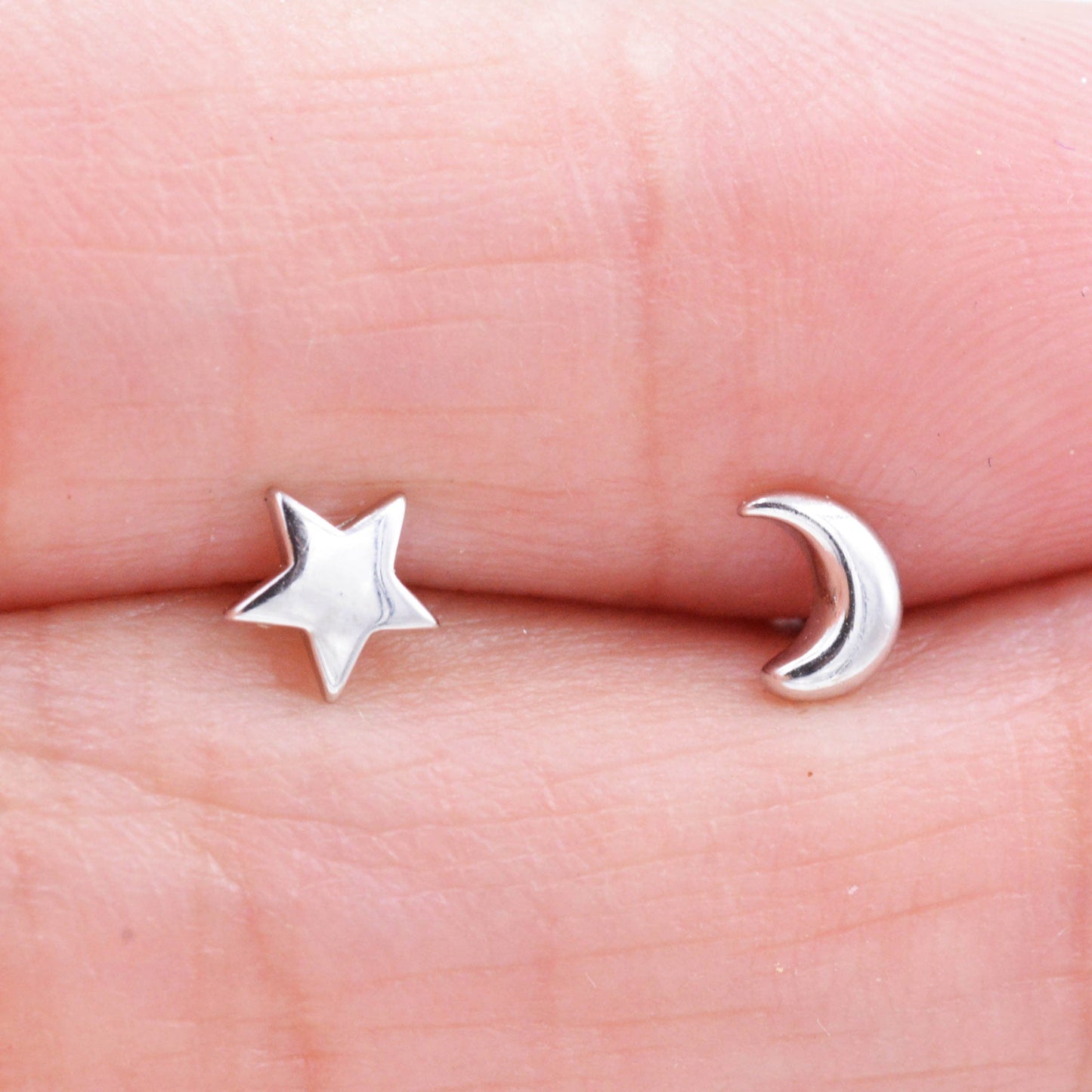 Tiny Crescent Moon and Star Mismatched Asymmetric Stud Earrings in Sterling Silver, Cute Fun and Quirky