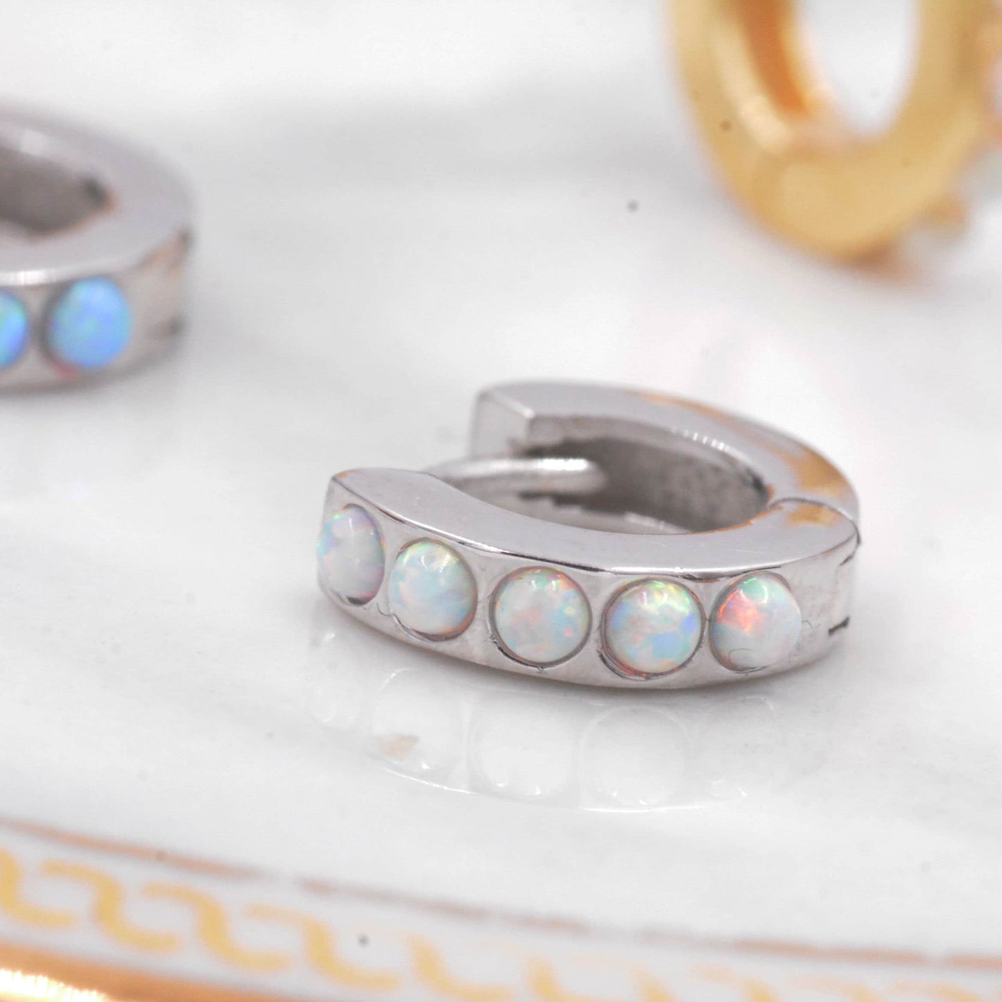 Sterling Silver Opal Huggie Hoop Earrings, Blue and White Opal, Minimalist Geometric Hoop Earrings