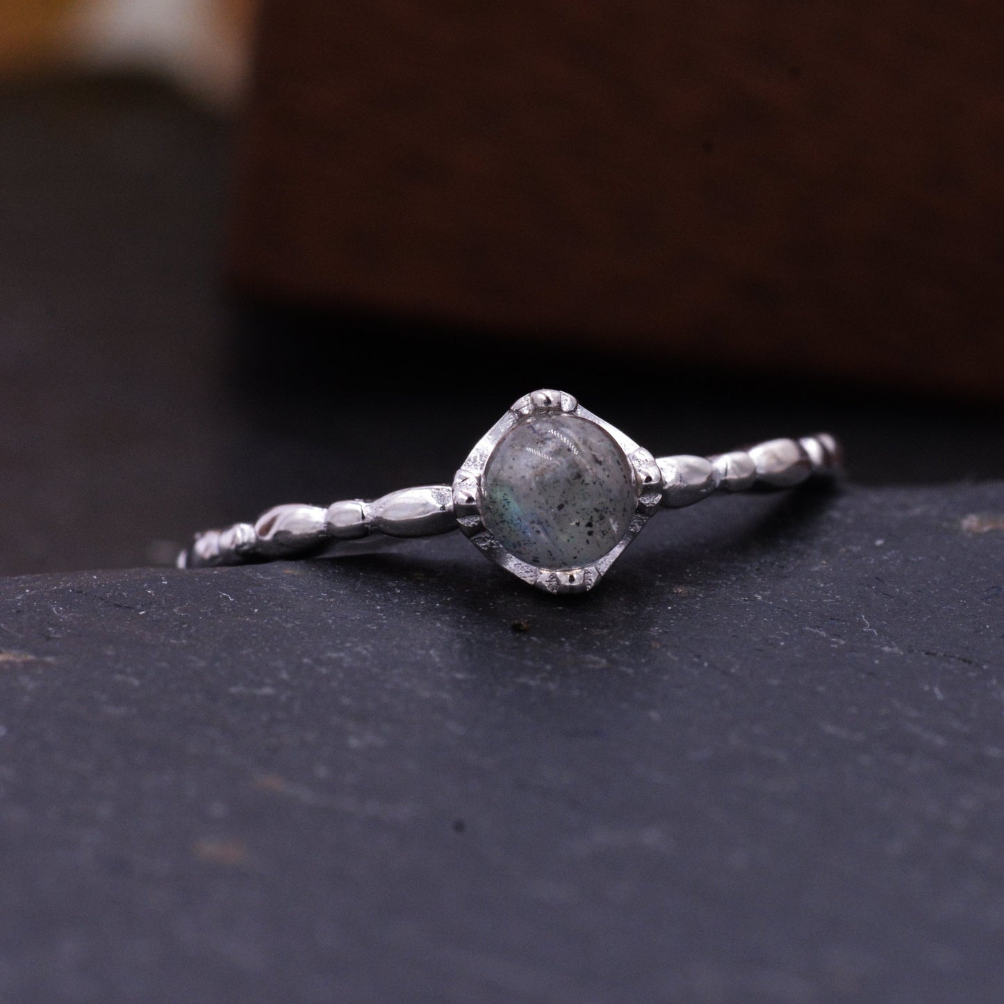 Sterling Silver Grey Labradorite Gemstone Ring - Adjustable Size - Semiprecious Natural Stone Jewellery