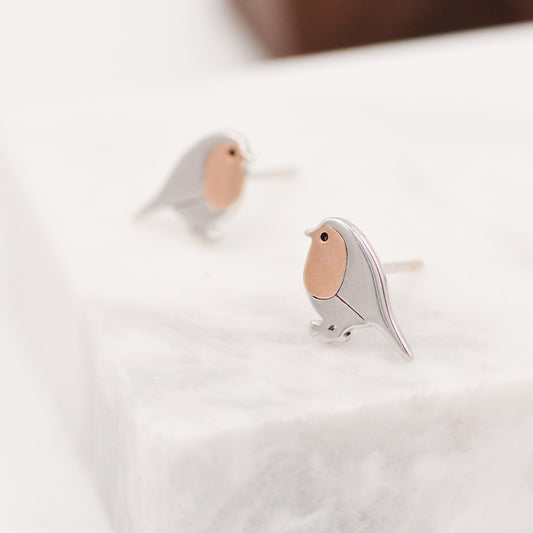 Robin Bird Stud Earrings in Sterling Silver, Silver Bird Earrings, Silver and Rose Gold, Nature Inspired, Christmas, Bundle Available