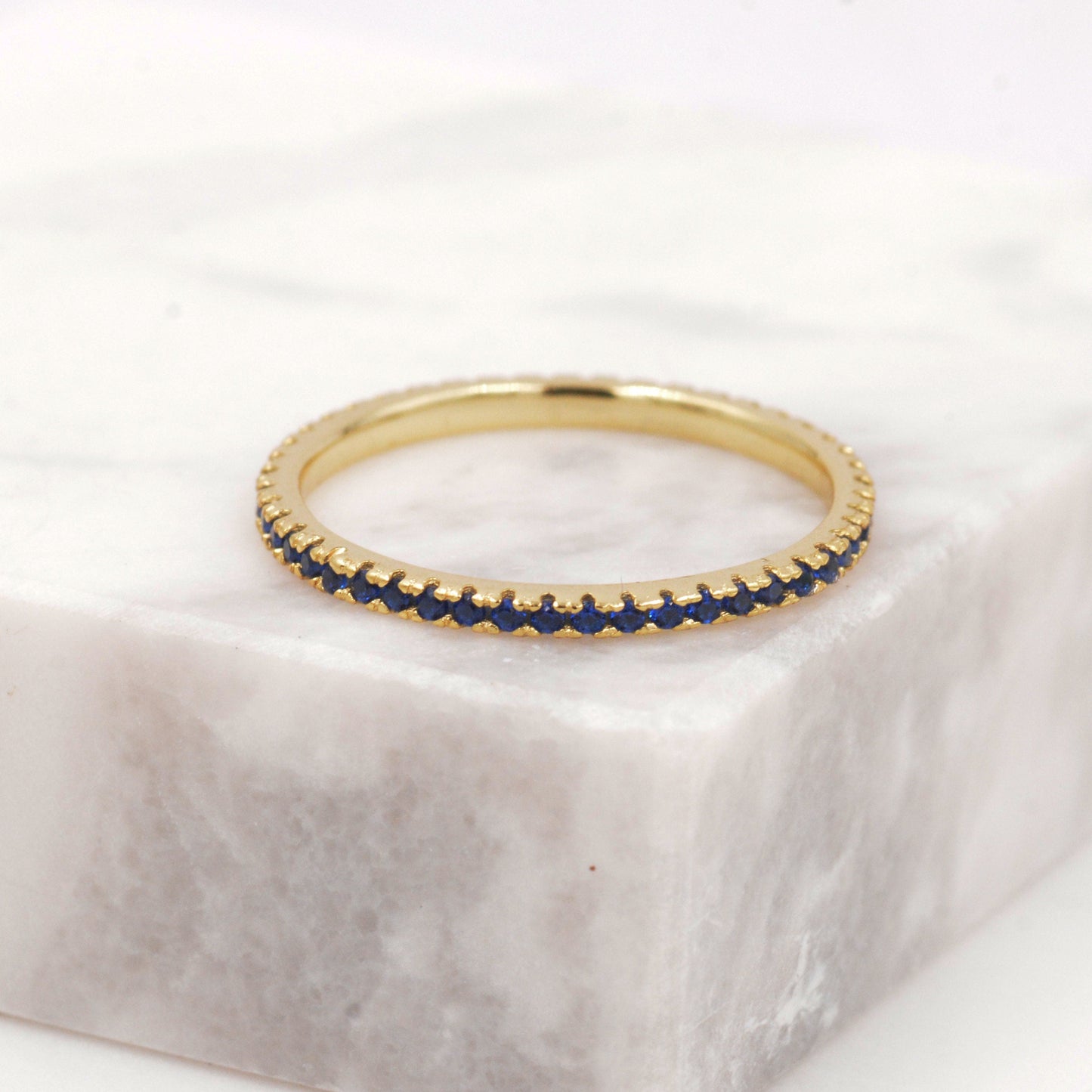 Sapphire Blue CZ Skinny Crystal Band Ring in Sterling Silver, Gold Vermeil Crystal Pave Ring, Stacking Rings, US 5 - 8