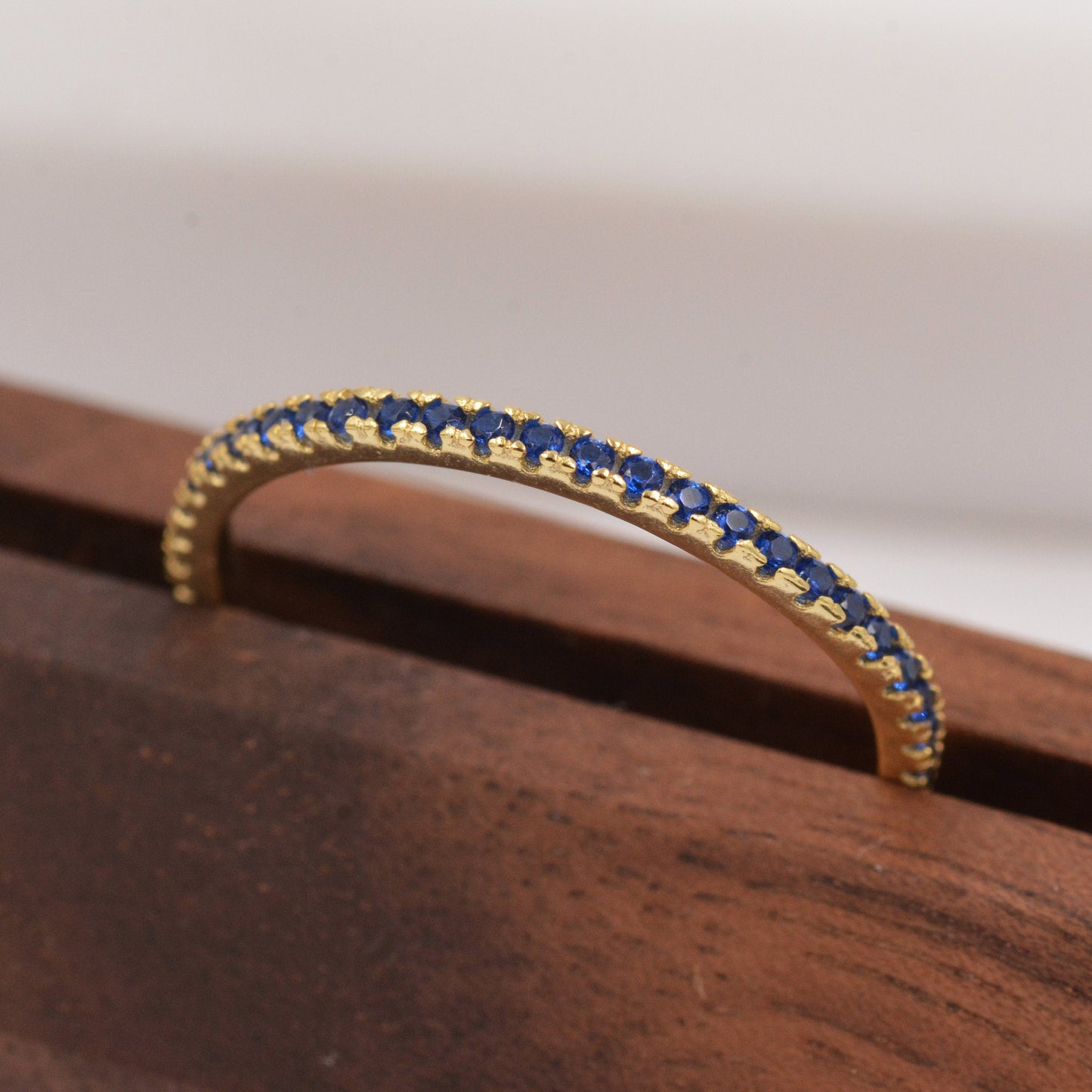 Sapphire Blue CZ Skinny Crystal Band Ring in Sterling Silver, Gold Vermeil Crystal Pave Ring, Stacking Rings, US 5 - 8