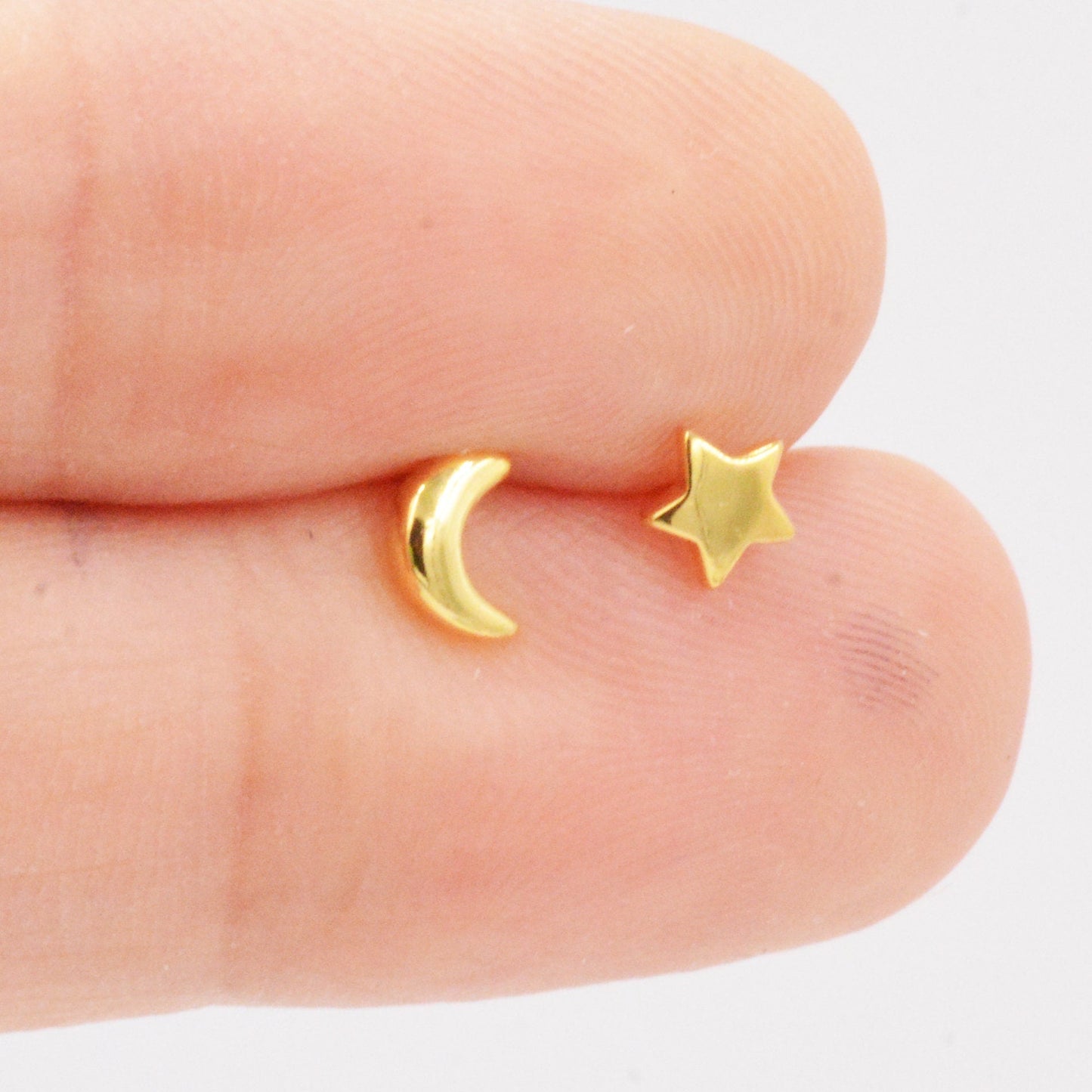 Tiny Crescent Moon and Star Mismatched Asymmetric Stud Earrings in Sterling Silver, Cute Fun and Quirky