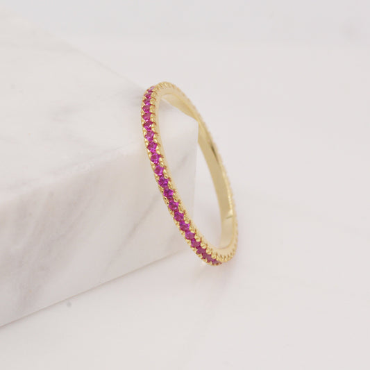 Ruby Skinny Crystal Band Ring in Sterling Silver, Gold Vermeil Crystal Pave Ring, Stacking Rings, US 5 - 8