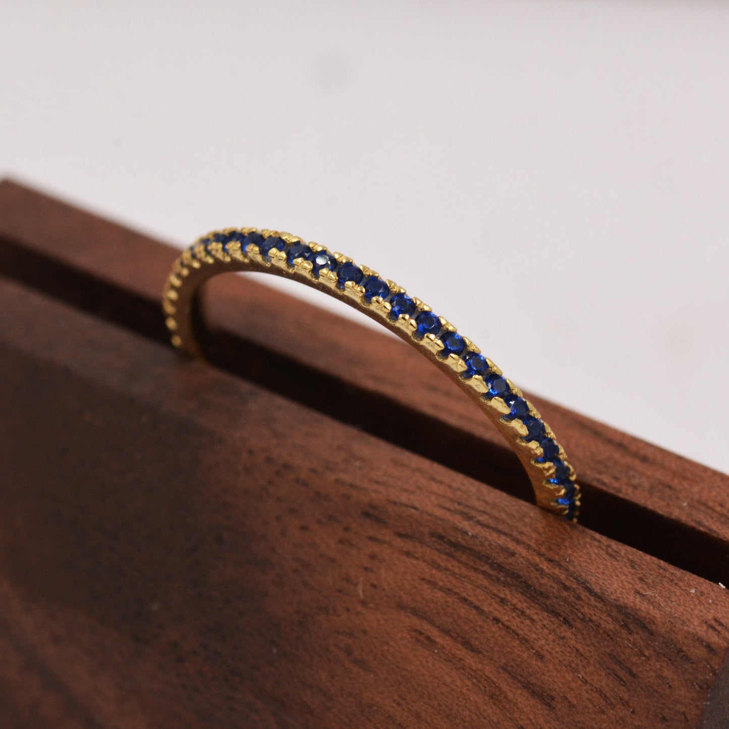 Sapphire Blue CZ Skinny Crystal Band Ring in Sterling Silver, Gold Vermeil Crystal Pave Ring, Stacking Rings, US 5 - 8