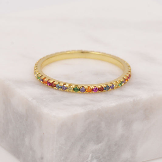 Skinny Rainbow Crystal Pave Ring in Sterling Silver, Gold Vermeil Crystal Pave Ring, Stacking Rings, Eternity Ring, US 5 - 8