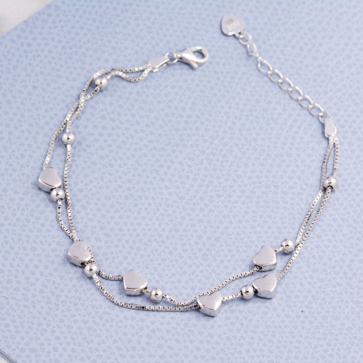 Heart Charm Bracelet in Sterling Silver, Solid Sterling Silver Heart Bracelet, Double Layer Heart Bracelet