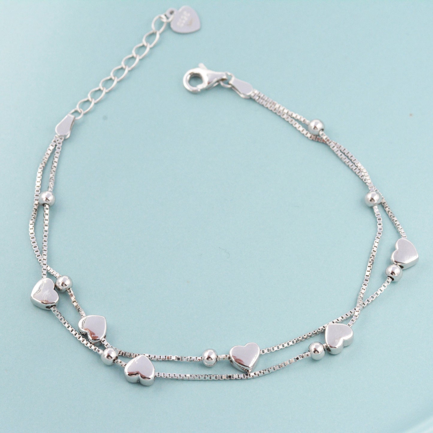 Heart Charm Bracelet in Sterling Silver, Solid Sterling Silver Heart Bracelet, Double Layer Heart Bracelet