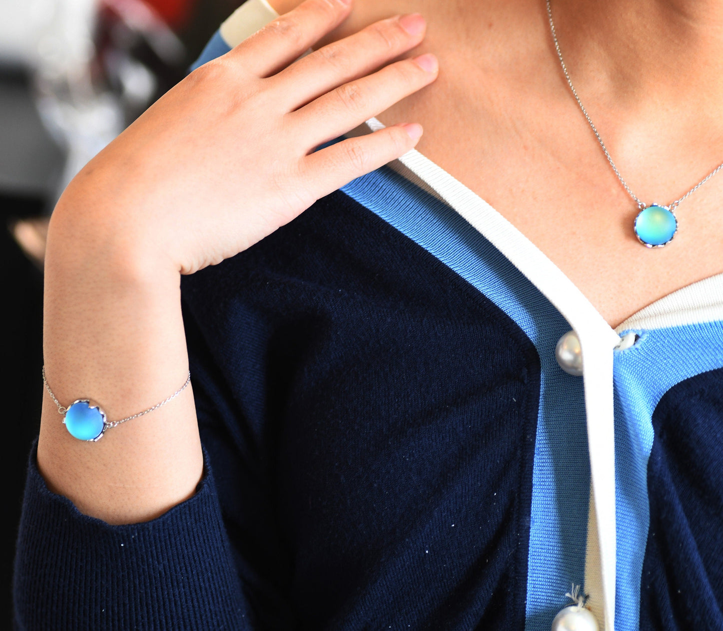 Aurora Crystal Bracelet in Sterling Silver, Northern Lights Bracelet with Blue Flash Simulated Moonstone