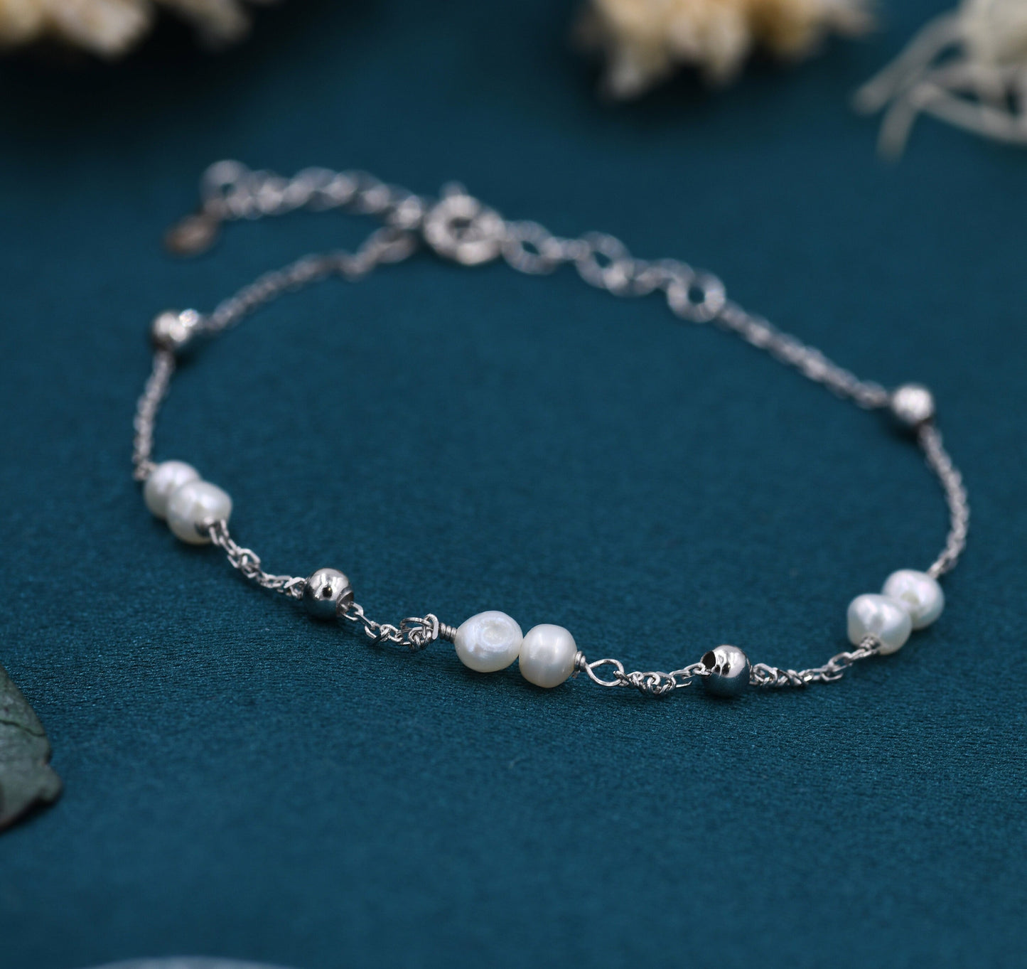 Sterling Silver Delicate Pearl Beaded Bracelet, Silver or Gold, Genuine Freshwater Pearls, Natural Pearl Bracelet, Ivory Pearls, Satellite