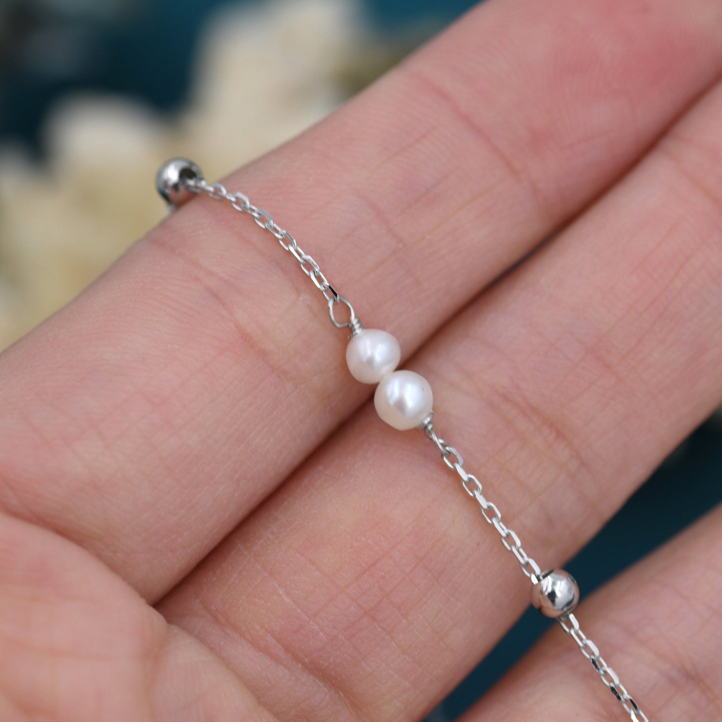 Sterling Silver Delicate Pearl Beaded Bracelet, Silver or Gold, Genuine Freshwater Pearls, Natural Pearl Bracelet, Ivory Pearls, Satellite