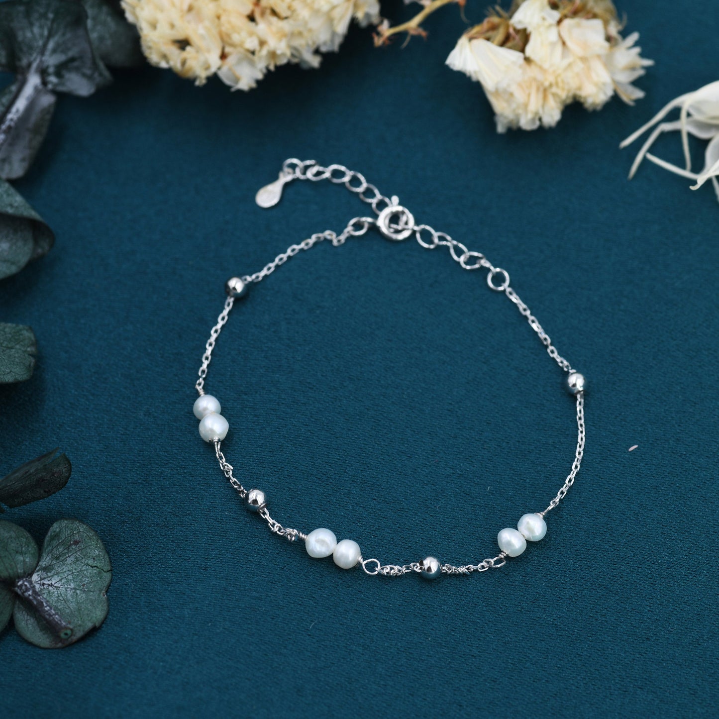 Sterling Silver Delicate Pearl Beaded Bracelet, Silver or Gold, Genuine Freshwater Pearls, Natural Pearl Bracelet, Ivory Pearls, Satellite