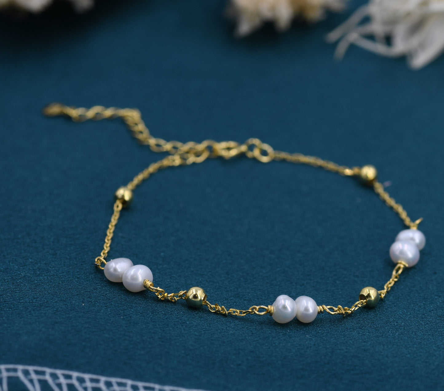 Sterling Silver Delicate Pearl Beaded Bracelet, Silver or Gold, Genuine Freshwater Pearls, Natural Pearl Bracelet, Ivory Pearls, Satellite