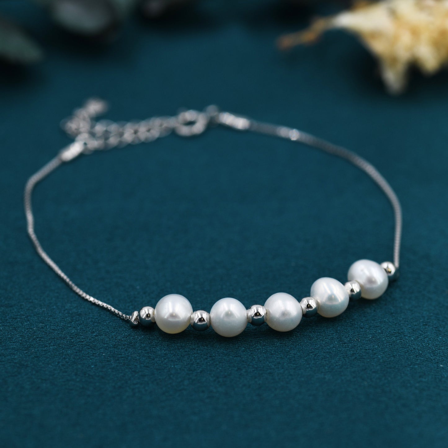 Sterling Silver Pearl and Silver Ball Beaded Bracelet, Silver or Gold, Real Freshwater Pearls, Natural Pearl Bracelet, Bridal Jewellery