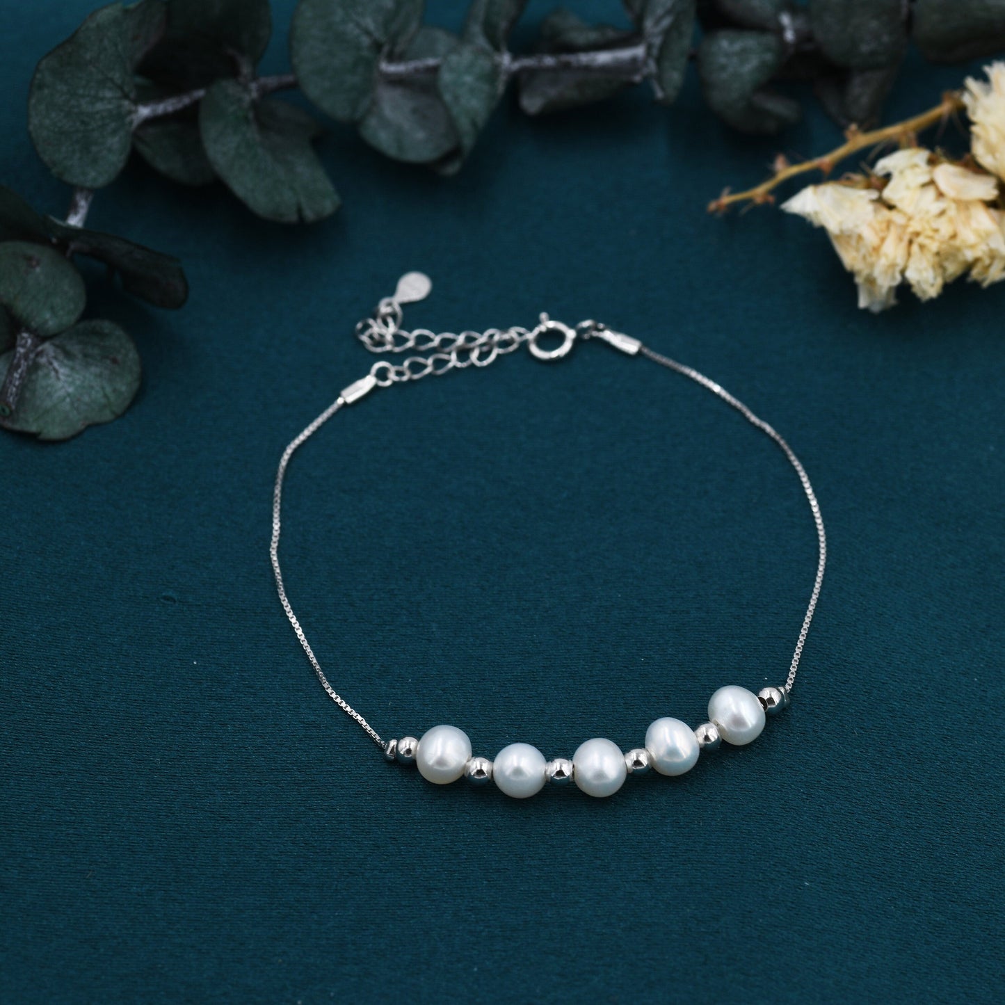 Sterling Silver Pearl and Silver Ball Beaded Bracelet, Silver or Gold, Real Freshwater Pearls, Natural Pearl Bracelet, Bridal Jewellery