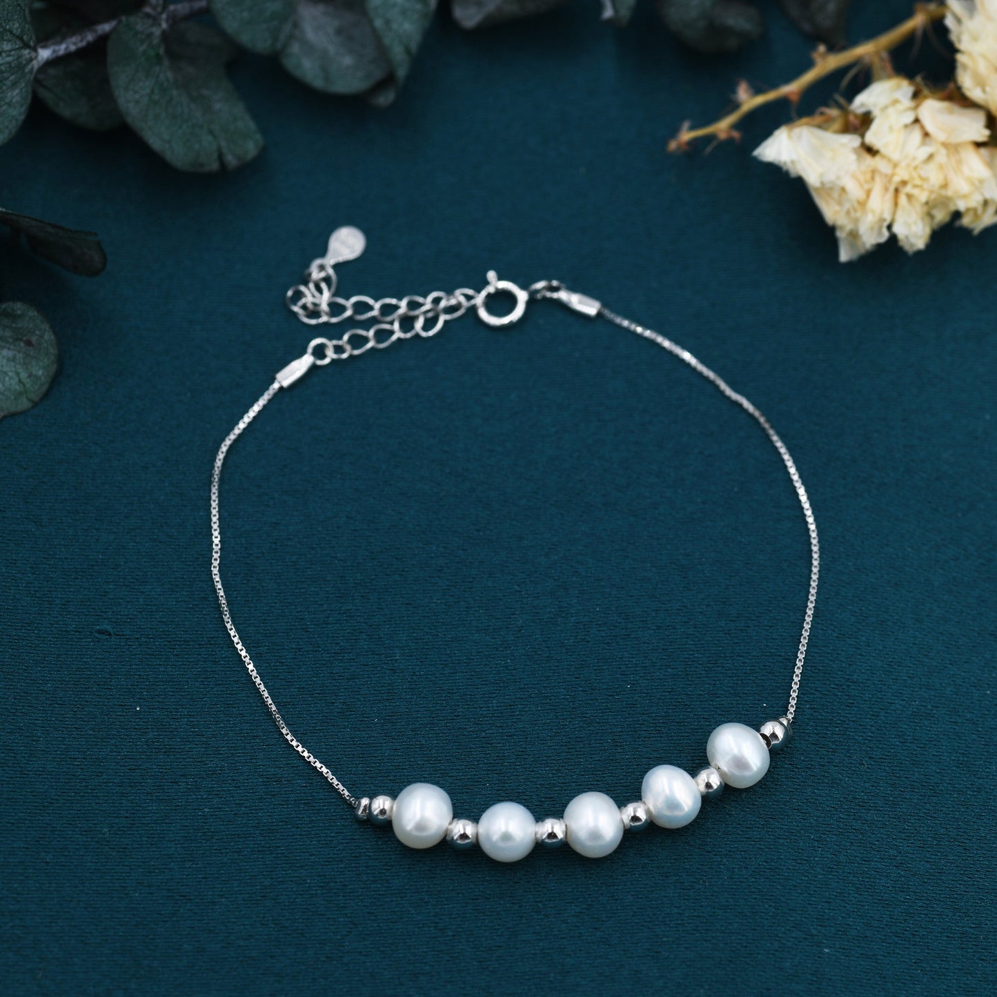 Sterling Silver Pearl and Silver Ball Beaded Bracelet, Silver or Gold, Real Freshwater Pearls, Natural Pearl Bracelet, Bridal Jewellery