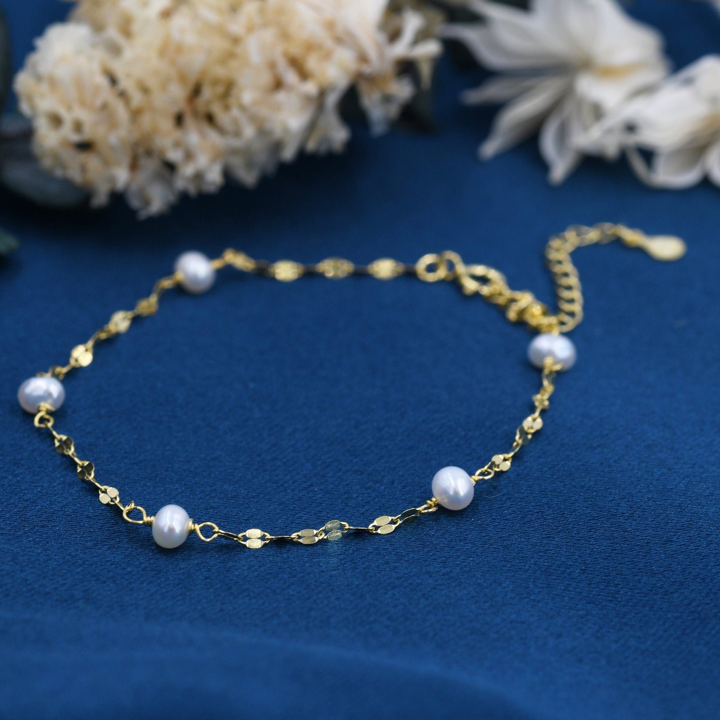 Sterling Silver Pearl Beaded Bracelet with Sparkly Disk Chain, Silver or Gold, Genuine Freshwater Pearls, Natural Pearl Bracelet