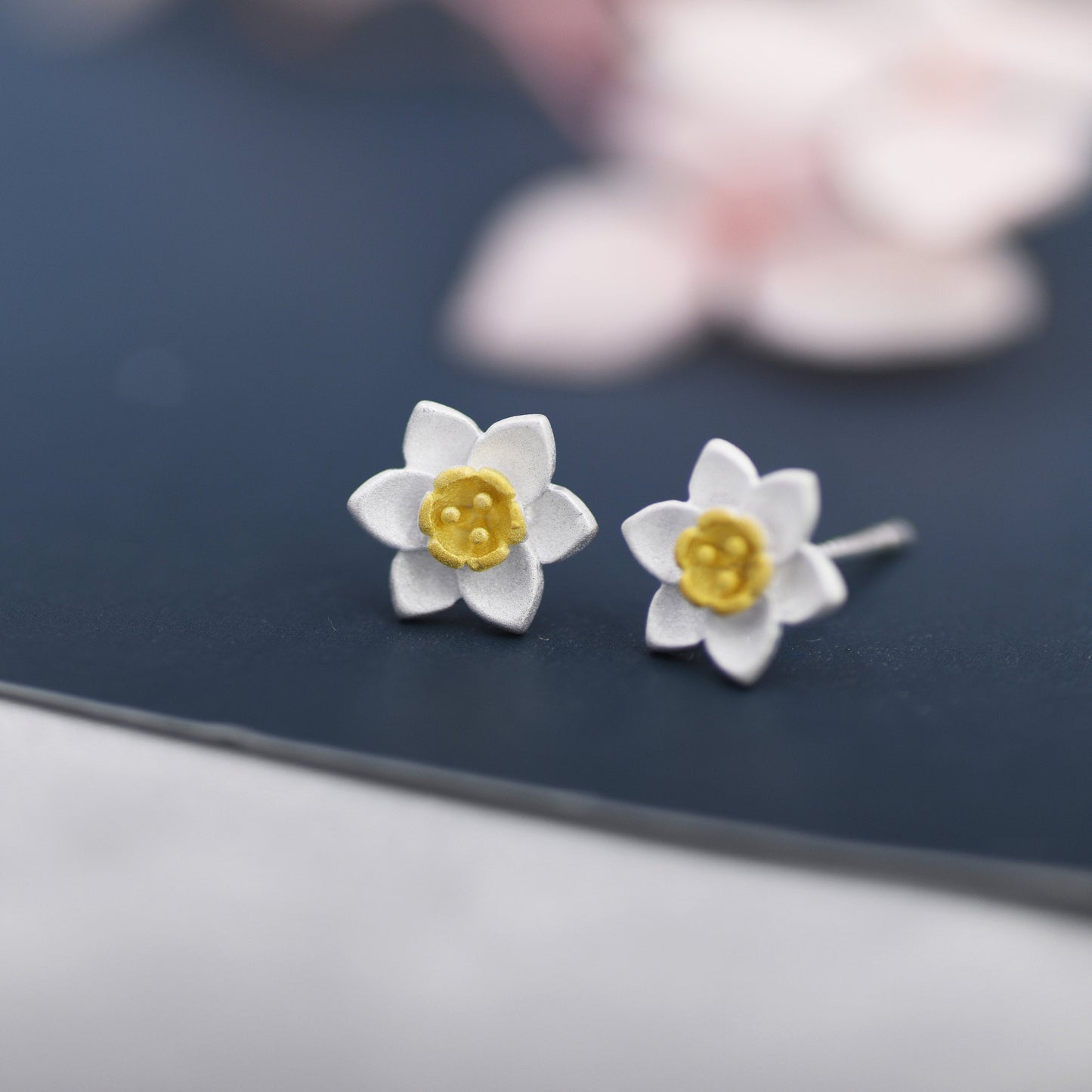 Sterling Silver Daffodil Flower Jewellery, Pretty and Cute Blossom Flower Stud Earrings , with Partial 18ct Gold Plating