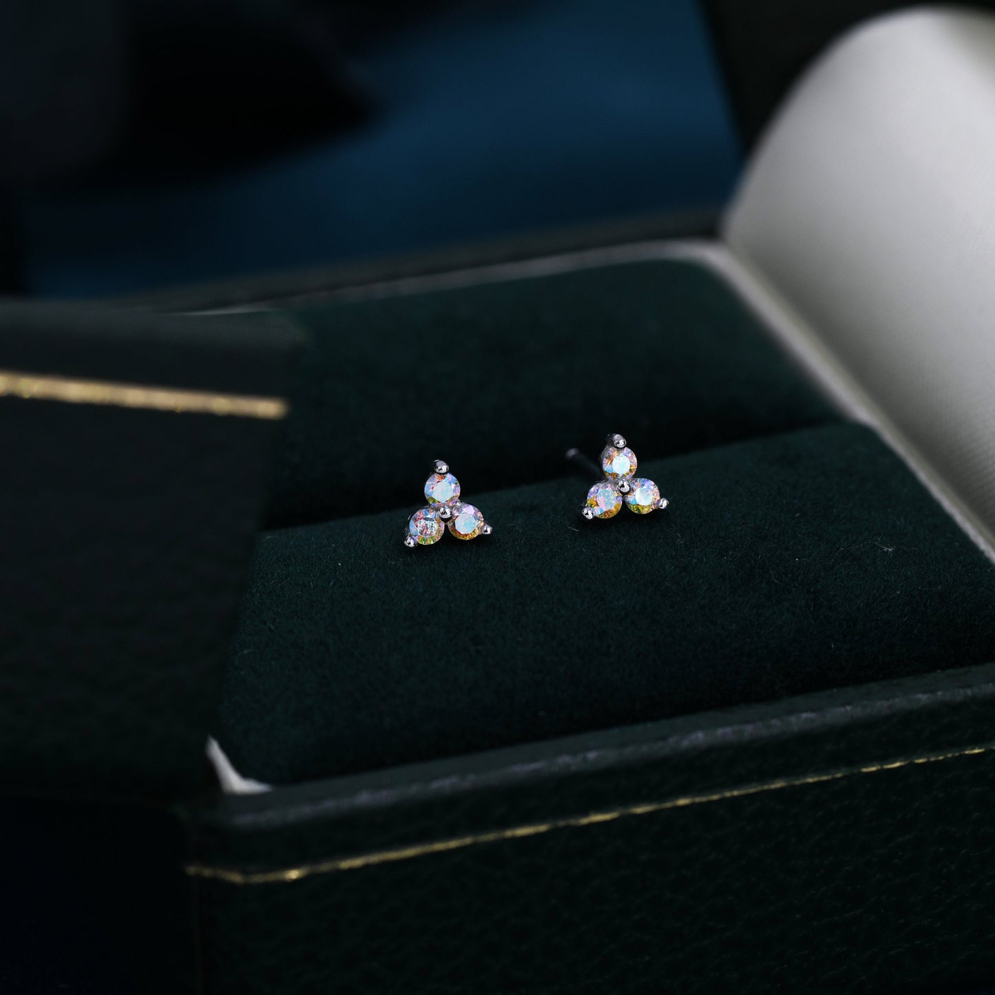 Extra Small Trinity Aurora CZ Stud Earrings in Sterling Silver - Gold or Silver - Aurora AB Crystal Trio Stud