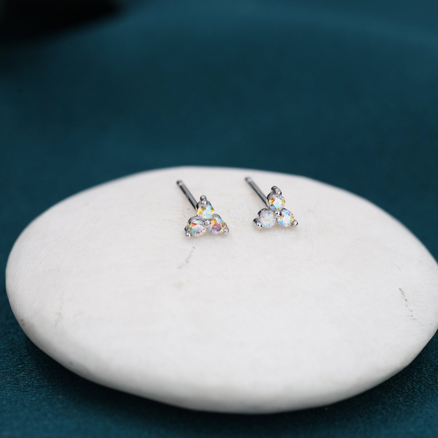 Extra Small Trinity Aurora CZ Stud Earrings in Sterling Silver - Gold or Silver - Aurora AB Crystal Trio Stud