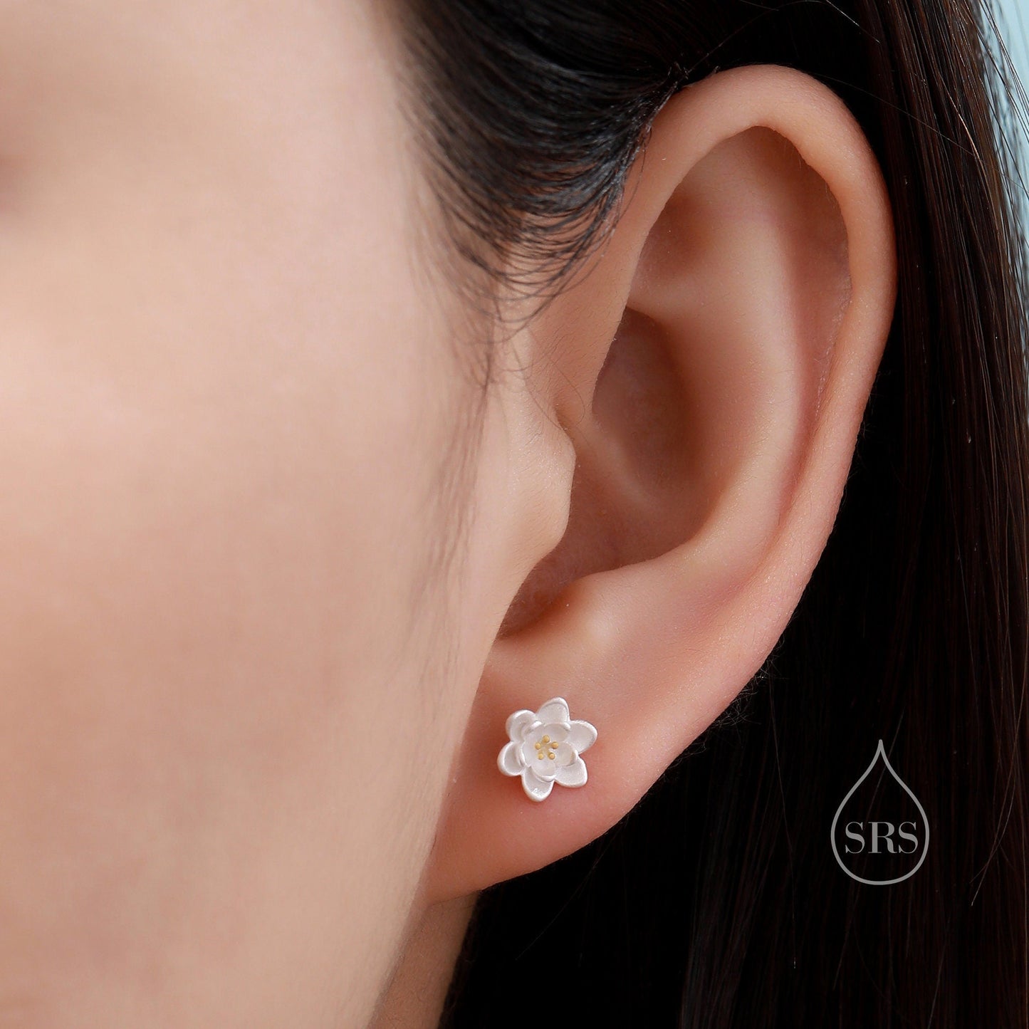 Sterling Silver Water lily Lotus Flower Blossom Stud Earrings and Necklace with Partial 18ct Gold Plating, Sweet Cute Pretty Jewellery