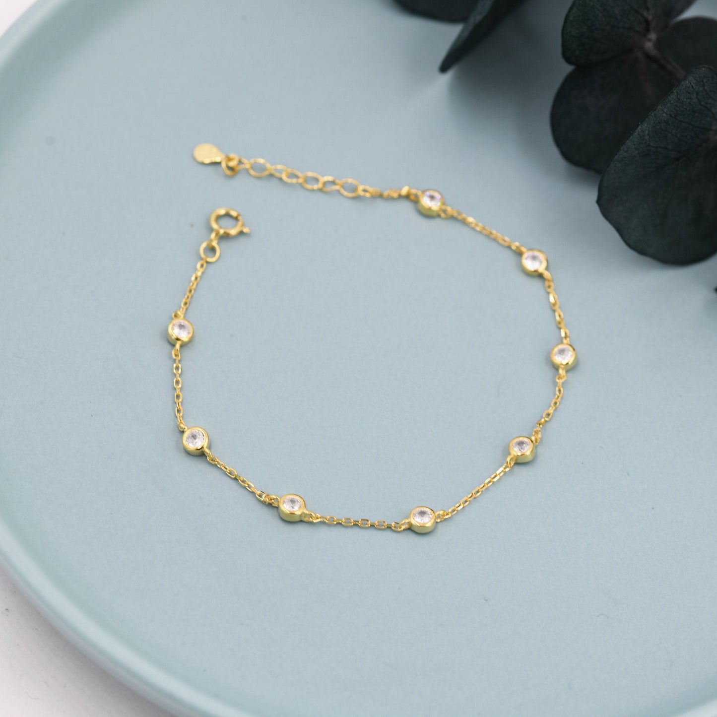 CZ Floating Bracelet or Anklet in Sterling Silver, Silver or Gold, Satellite Crystal Bracelet or Anklet, Solid Silver Motif Bracelet