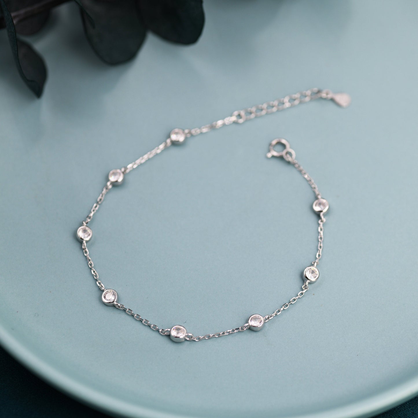 CZ Floating Bracelet or Anklet in Sterling Silver, Silver or Gold, Satellite Crystal Bracelet or Anklet, Solid Silver Motif Bracelet