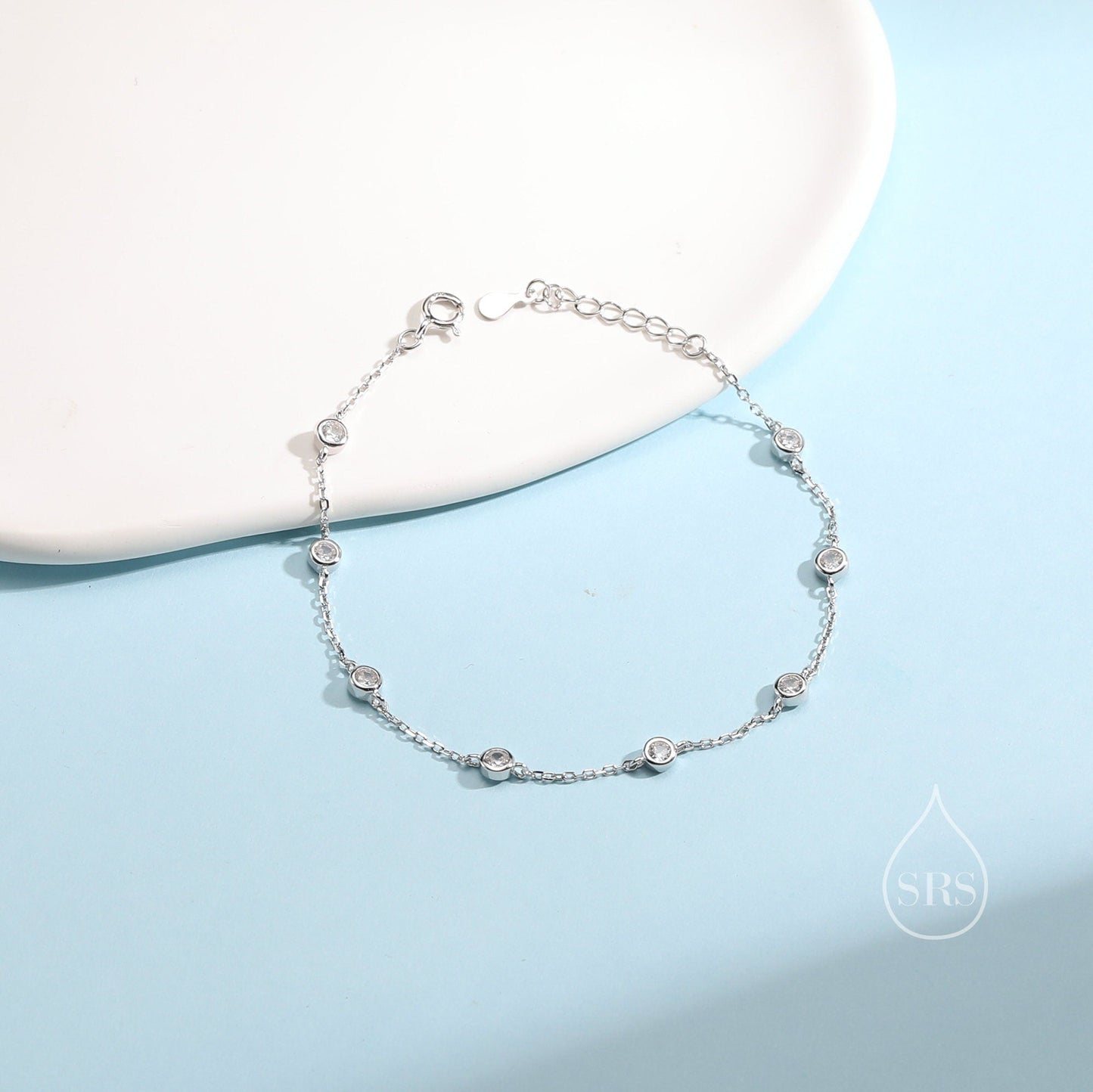 CZ Floating Bracelet or Anklet in Sterling Silver, Silver or Gold, Satellite Crystal Bracelet or Anklet, Solid Silver Motif Bracelet