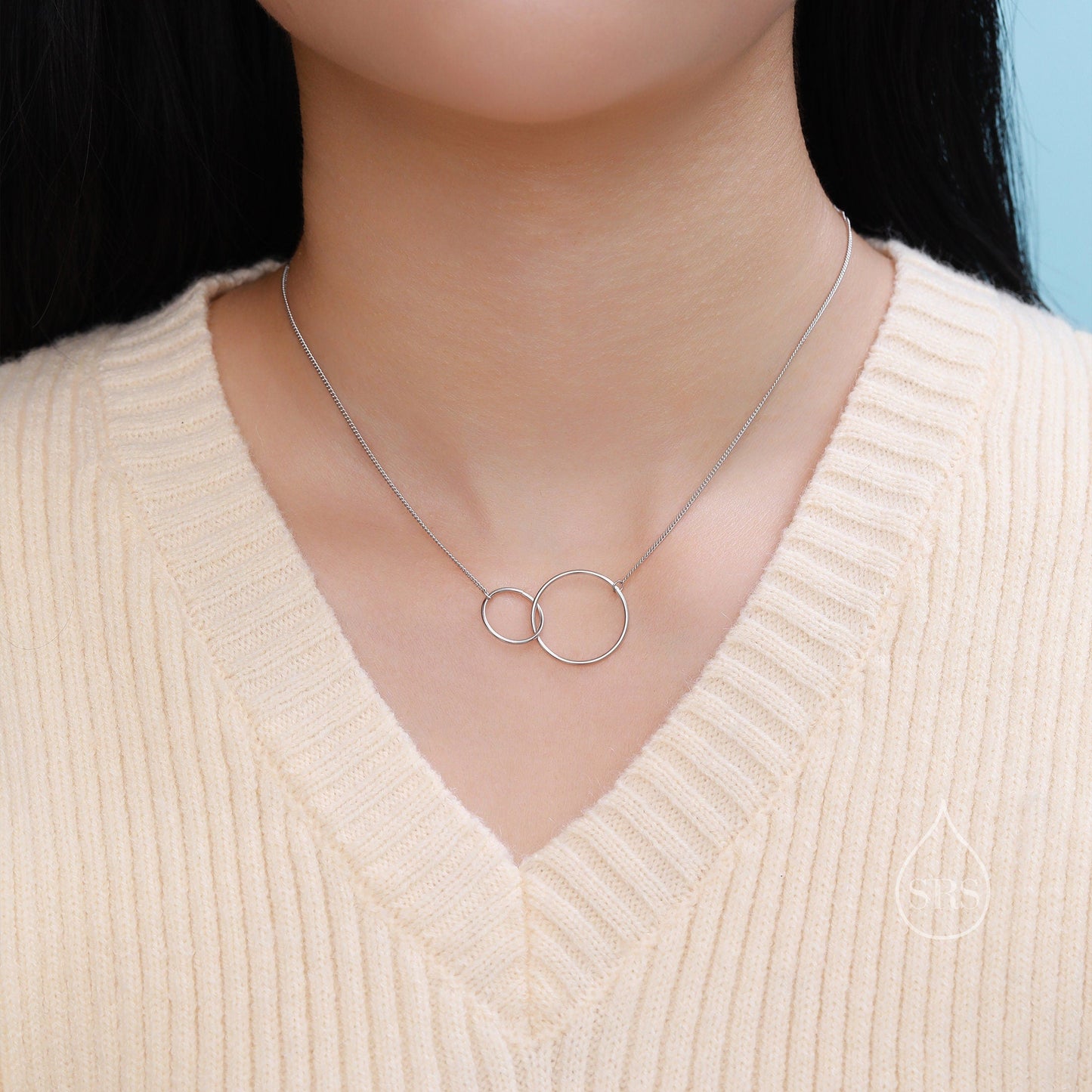 Sterling Silver Linked Interlinking Circle Pendant Necklace, Adjustable Length, Infinity Double Circle Necklace, Sisters, Friendship