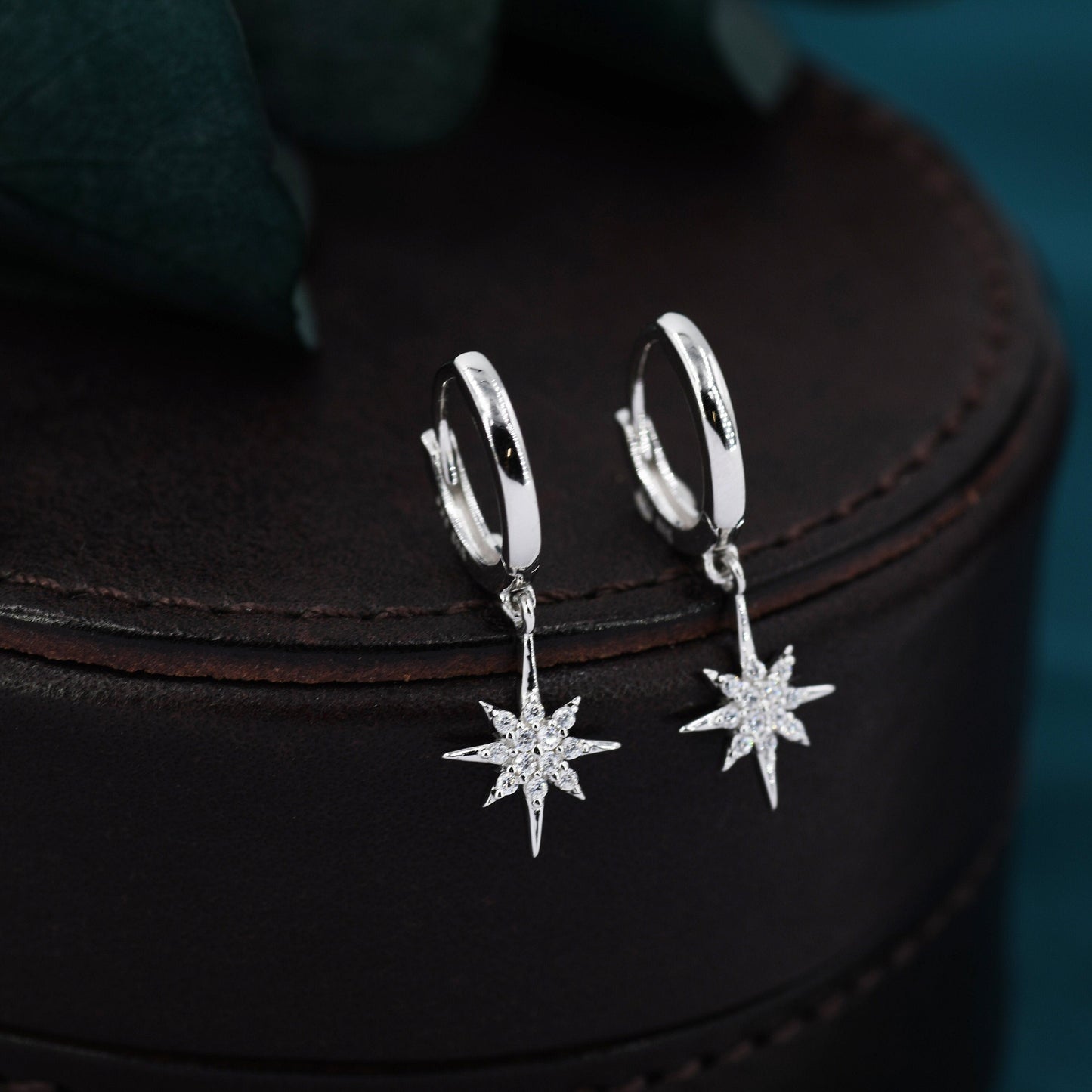 Starburst Huggie Hoop Earrings in Sterling Silver with Dangling Star Burst Charms, Celestial Geometric Design