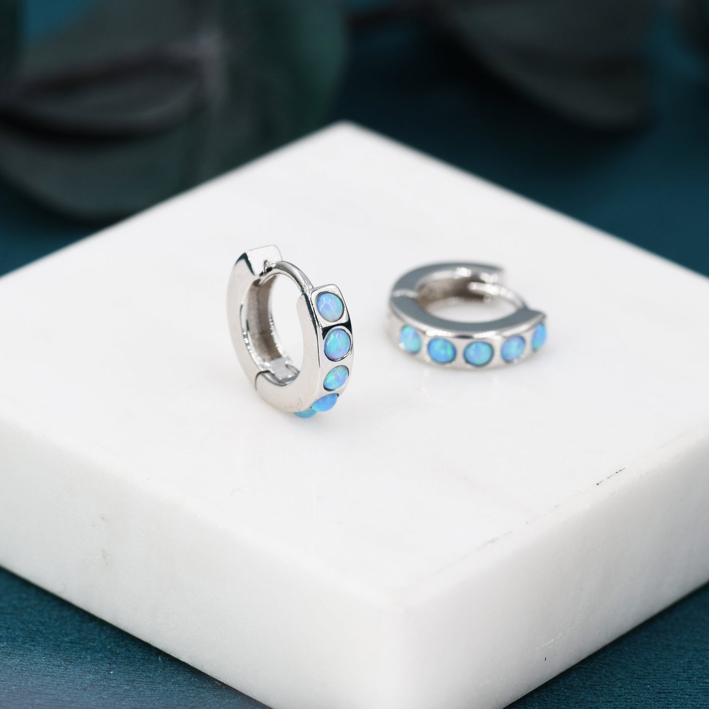 Sterling Silver Opal Huggie Hoop Earrings, Blue and White Opal, Minimalist Geometric Hoop Earrings