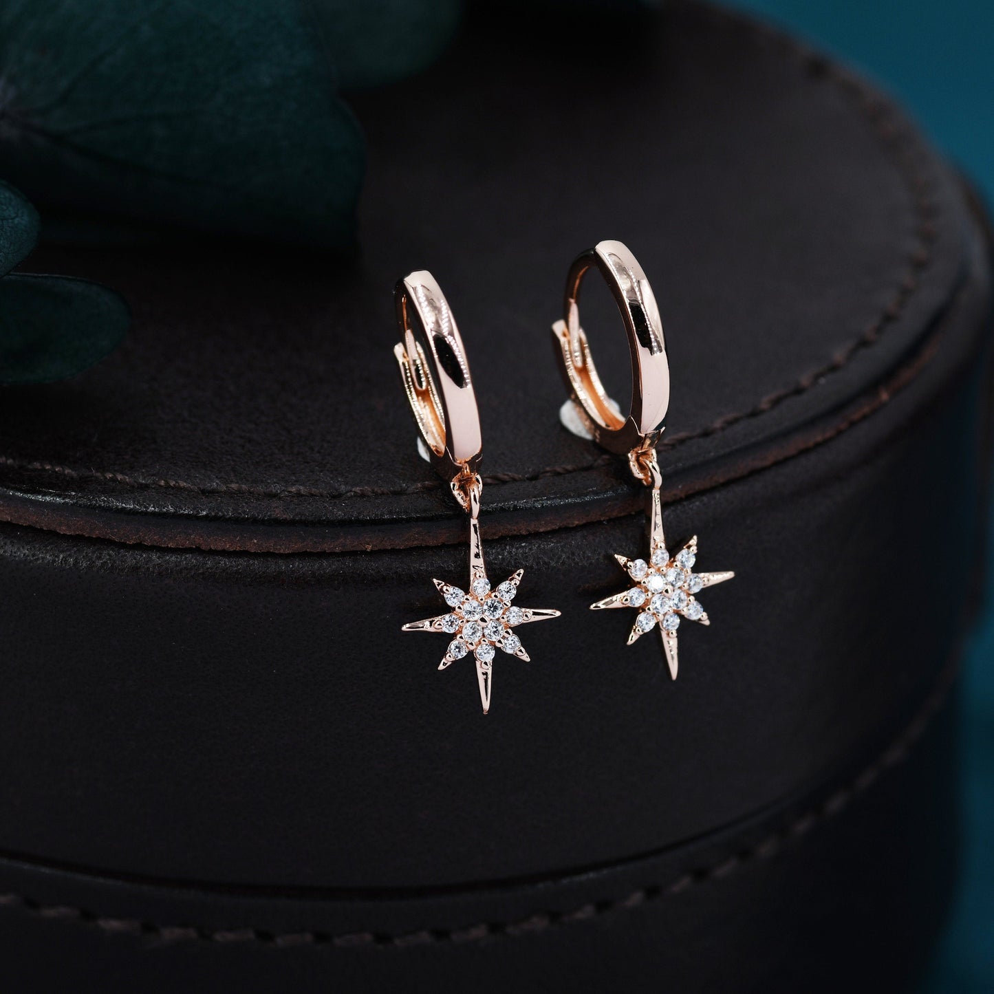 Starburst Huggie Hoop Earrings in Sterling Silver with Dangling Star Burst Charms, Celestial Geometric Design