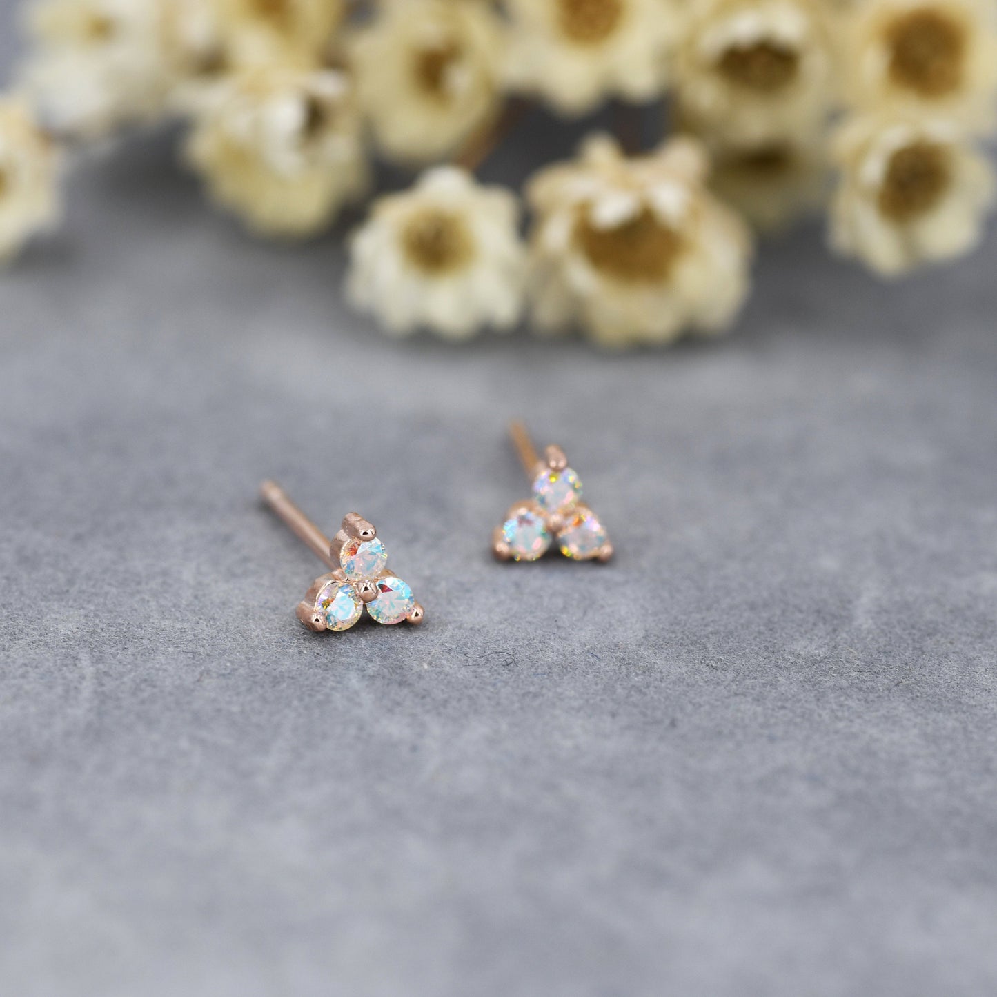 Extra Small Trinity Aurora CZ Stud Earrings in Sterling Silver - Gold or Silver - Aurora AB Crystal Trio Stud