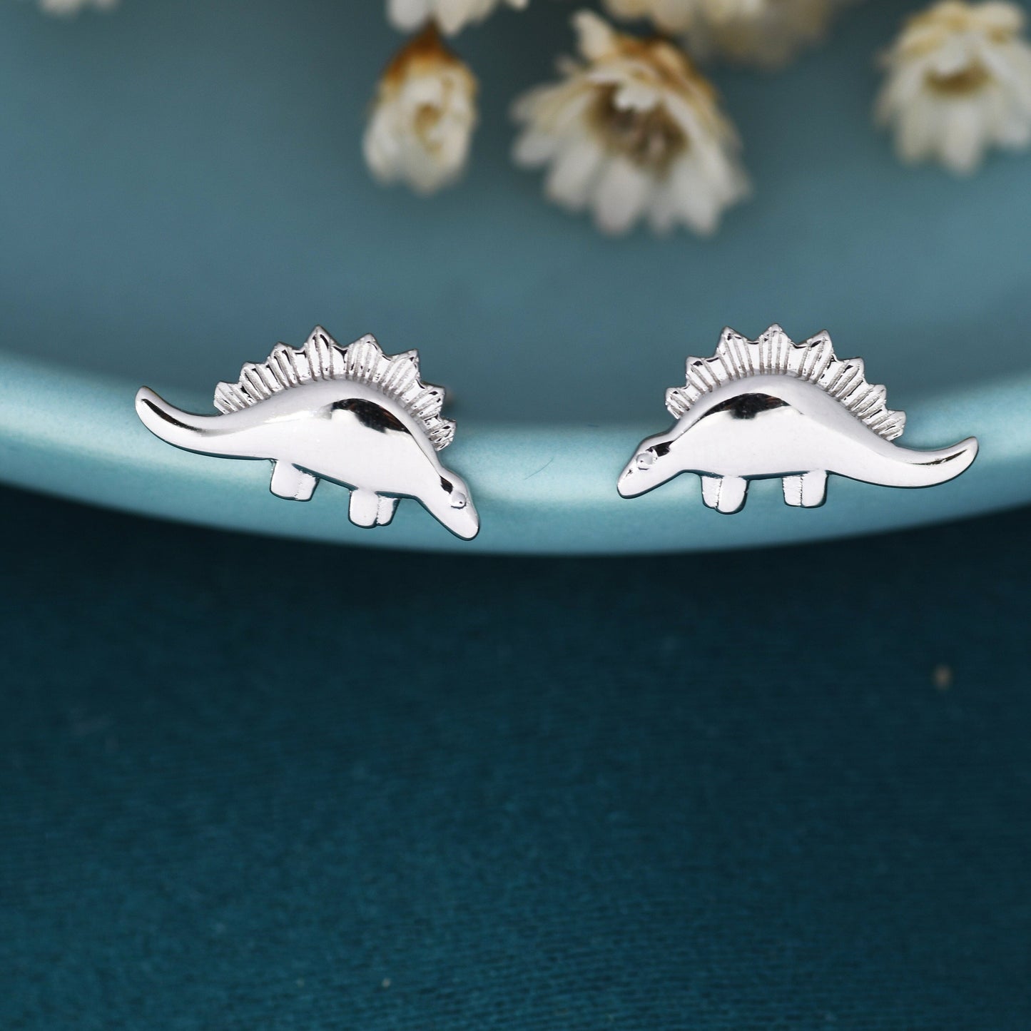 Super Cute Little  Stegosaurus Dinosaur Stud Earrings in Sterling Silver