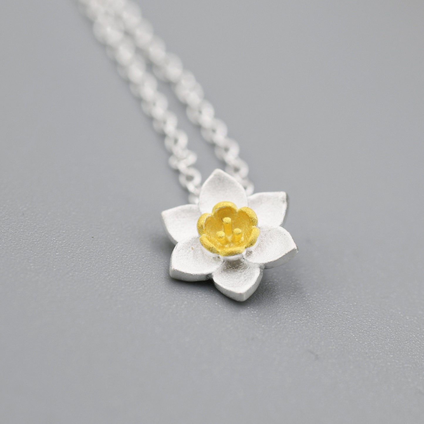 Sterling Silver Tiny Little Daffodil Flower Blossom Pendant Necklace with 18ct Gold Plating - Cute and Whimsical Jewellery