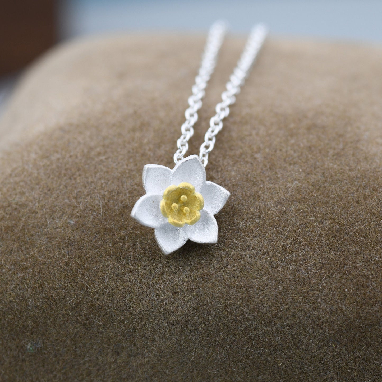 Sterling Silver Tiny Little Daffodil Flower Blossom Pendant Necklace with 18ct Gold Plating - Cute and Whimsical Jewellery