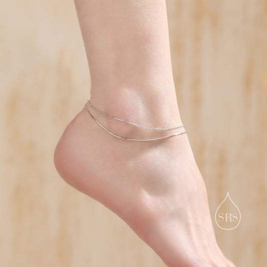 Sterling Silver Double Layer Anklet, Silver or Gold, Two Layer Anklet, Silver Anklet