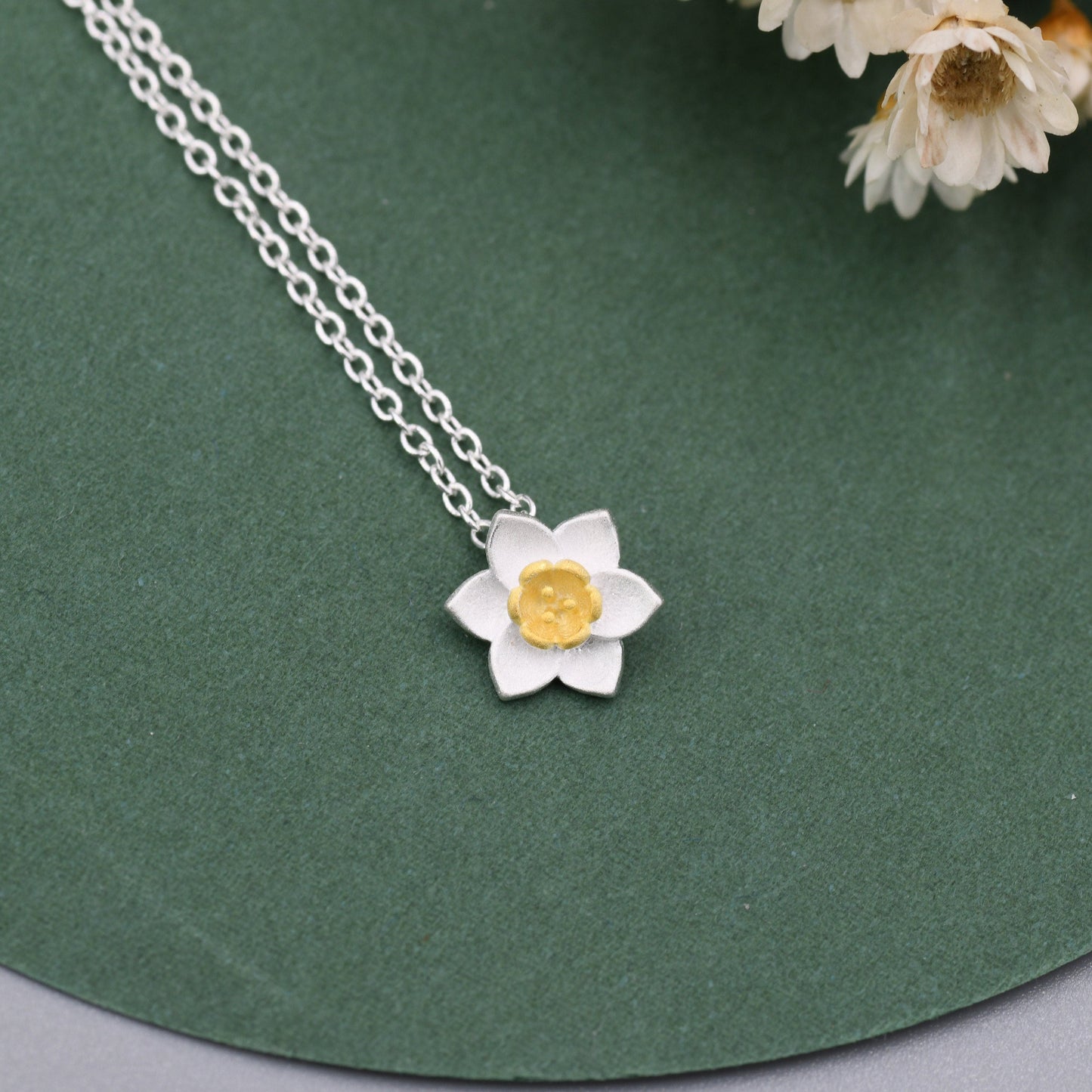 Sterling Silver Tiny Little Daffodil Flower Blossom Pendant Necklace with 18ct Gold Plating - Cute and Whimsical Jewellery