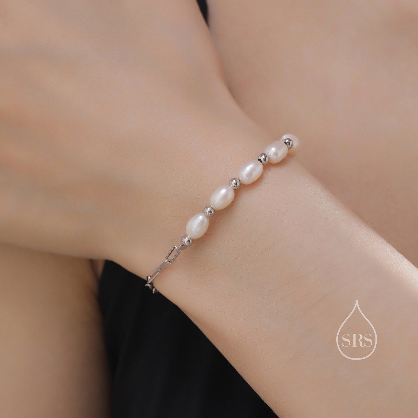 Sterling Silver Freshwater Pearl and Paperclip Beaded Bracelet, Silver or Gold, Genuine Pearls, Natural Pearl Bracelet, Ivory Oval Pearls